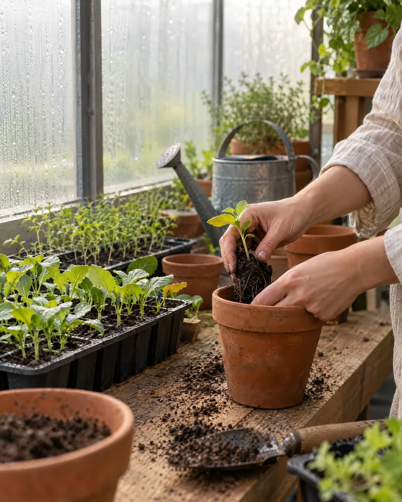 Hands transplanting a seedling on a potting bench inside a small greenhouse